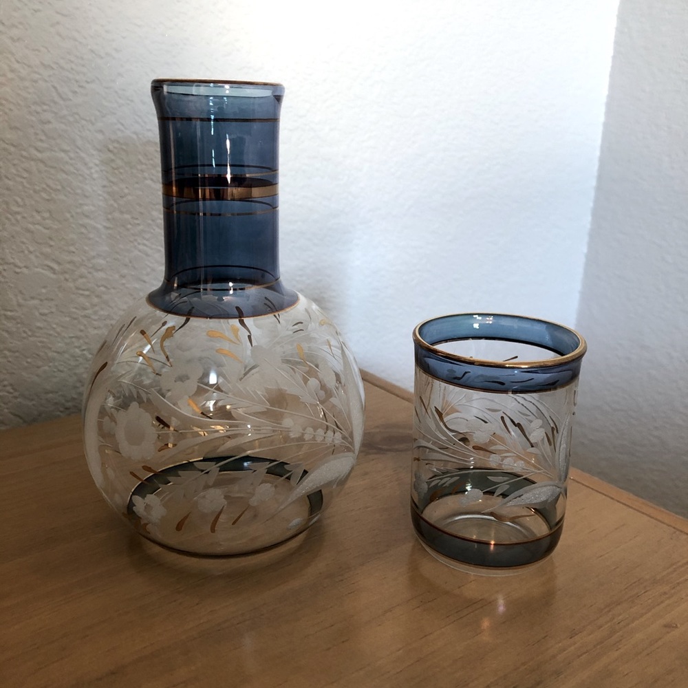 Etched Qatary Glass Carafe and Cup Set